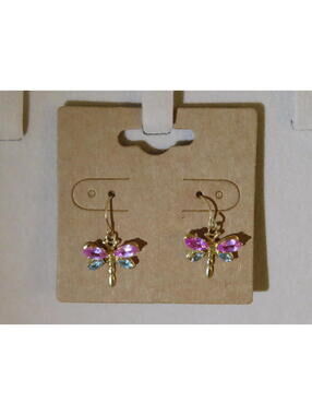 Solid Gold Posts Butterfly Dangle Earrings w/ Crystals